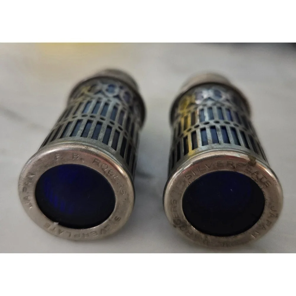 Vintage Salt & Pepper‎ Art Deco Cobalt Blue Glass With A  Silver Lattice Design